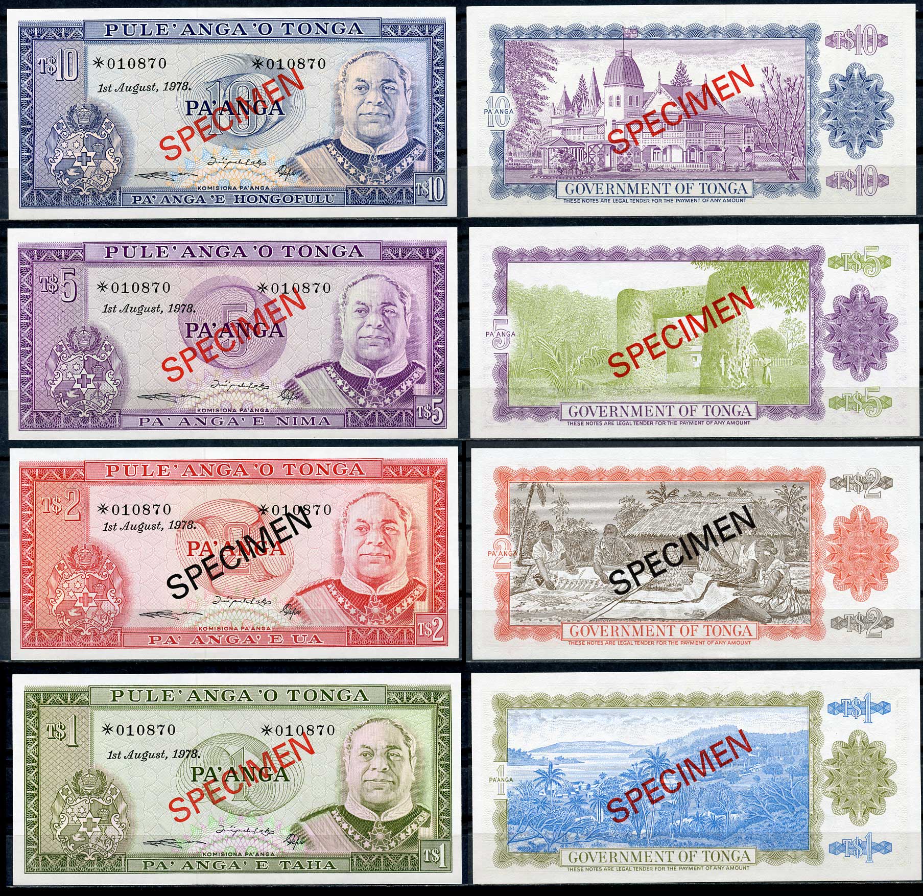 Тонга 1, 2, 5 и 10 паанга 1978 образец, Specimen, № 010870 Pick 19 s, 20 s, 21 s, 22 s  бумага  UNC (пресс) 451-4-2