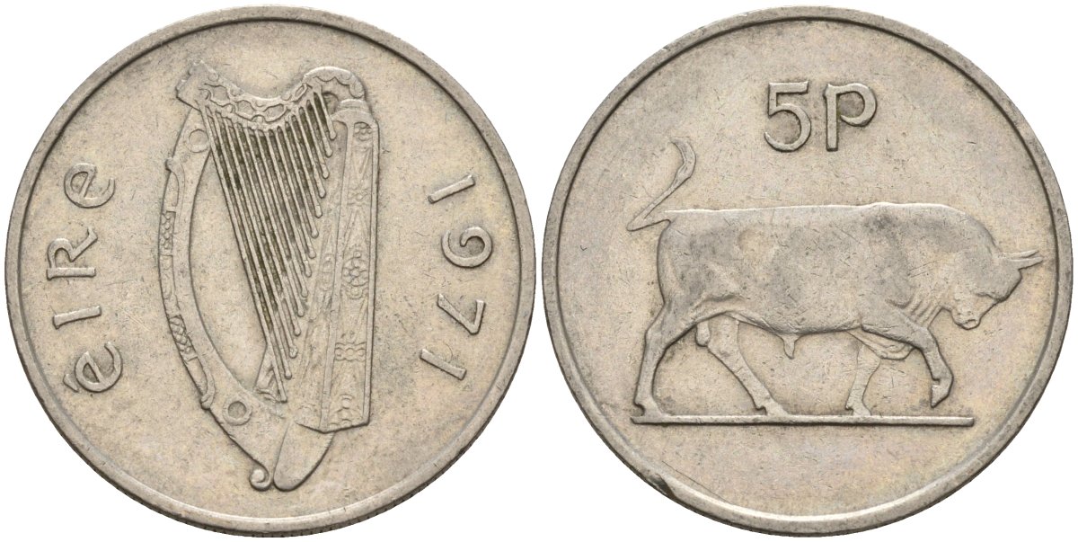 Ирландия 5 пенсов 1971 бык KM 22 медно-никель 4146-524
