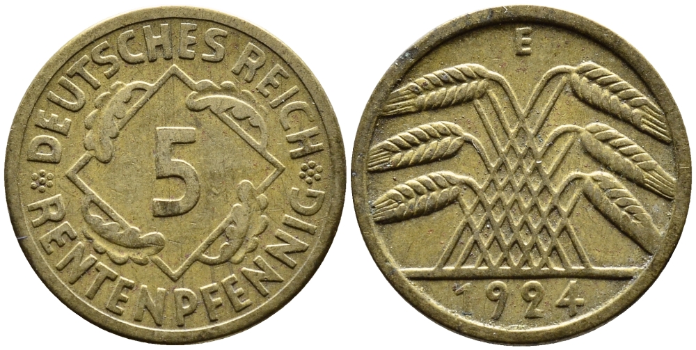 ГЕРМАНИЯ 5 РЕНТЕНПФЕННИГОВ 1924 E, KM 32, J. 308 алюминиевая бронза 4387-1147