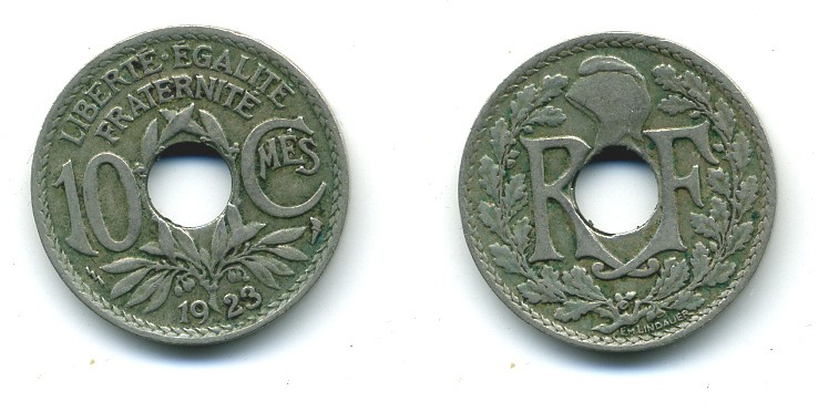 ФРАНЦИЯ 10 САНТИМОВ 1923 tb, ТИП ЛИНДАЙЁ, МОНЕТНЫЙ ДВОР ПУАССИ, МОЛНИЯ KM 866а медно-никель 84-339