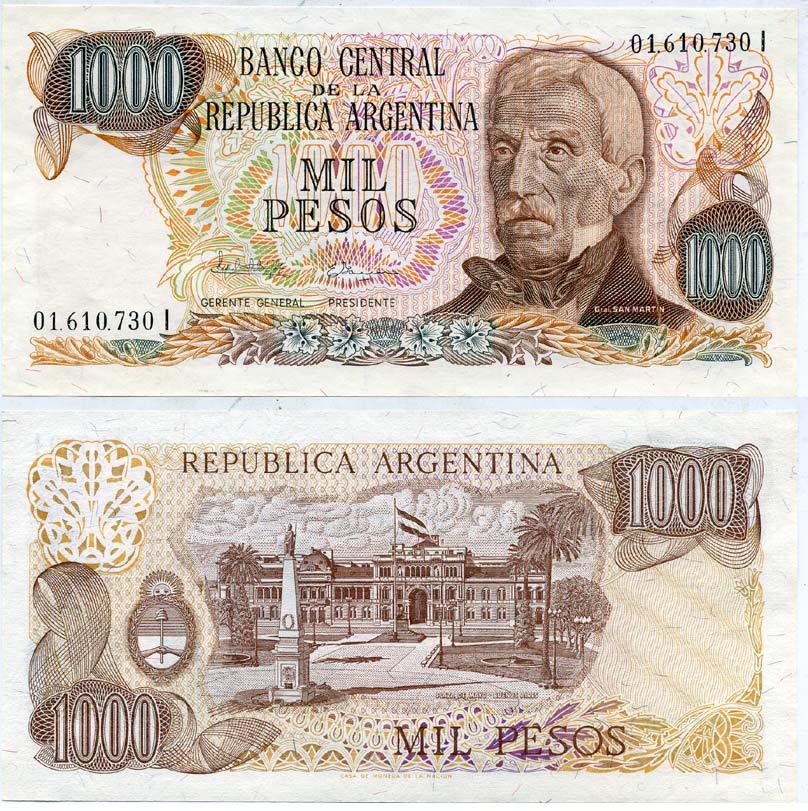 Аргентина 1000 песо 1982 серия I 01610, Генерал Сан Мартин (1778-1850)  Pick 304с  бумага  UNC (пресс) 435-43-1-1