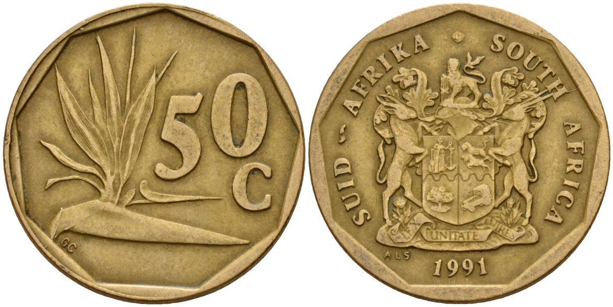 ЮАР 50 центов 1991 цветок KM 137 сталь плакированная латунью 4163-1131