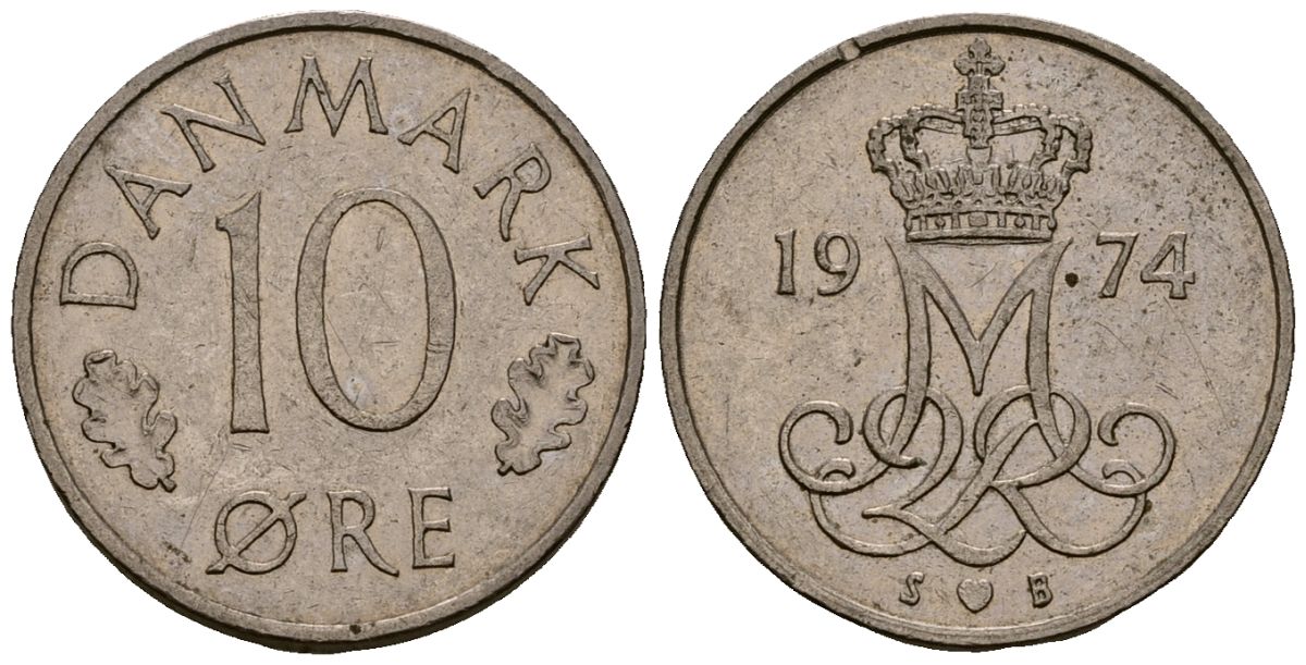 Дания 10 эре 1974 Маргрете II (1973 - 1988) KM 860 медно-никель 4173-725