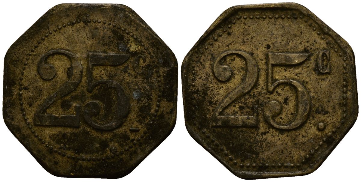 Франция 25 сантимов XIX-XX век ресторанный жетон латунь 4166-512