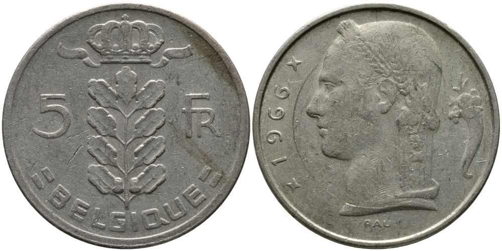 БЕЛЬГИЯ 5 ФРАНКОВ 1966 BELGIQUE KM 134.1 медно-никель 98-635