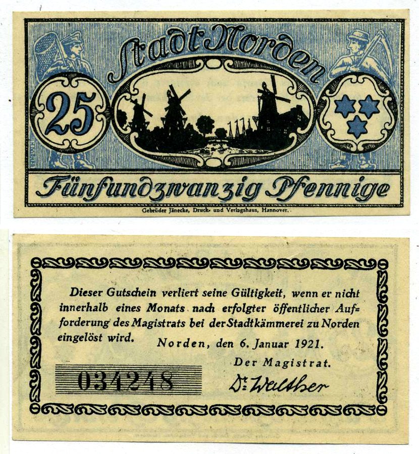 Норден 25 пфеннигов 1921 6 января 1921, нотгельд, земля Восточная Фризия Grabowski N52.8 бумага 2193-20-1-1