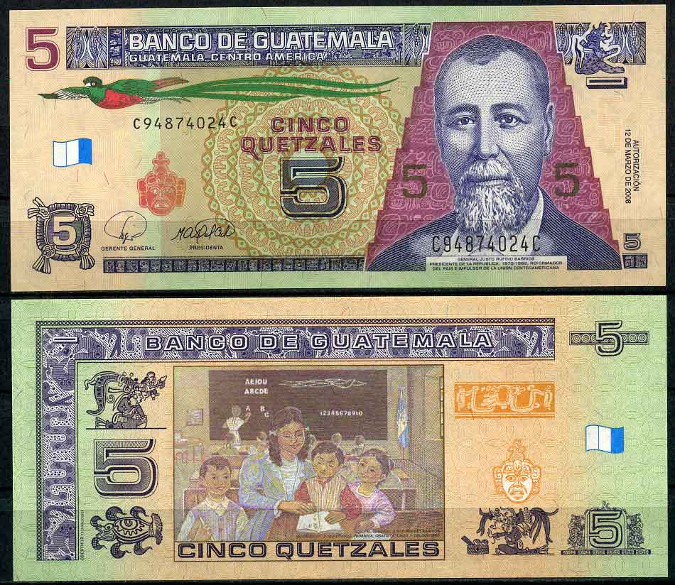 Гватемала 5 кетсалей 2008 12 марта 2008, Хусто Руфино Барриос президент Гватемалы Pick 116 бумага UNC (пресс) 447-29-2