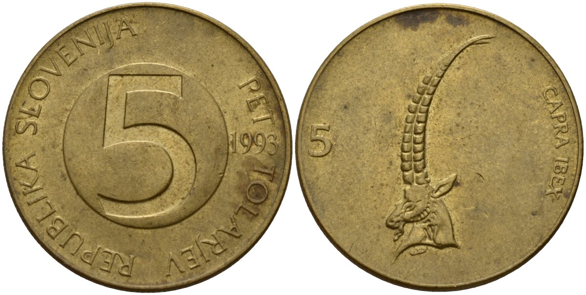 Словения 5 толаров 1993 ибекс, альпийский горный козел KM 6 латунь 4156-455