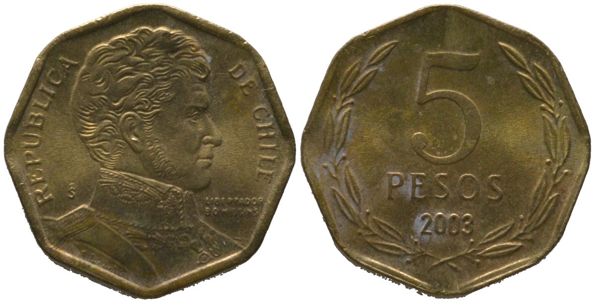 Чили 5 песо 2003 So KM 232, Schon 81 алюминиевая бронза 4387-1013