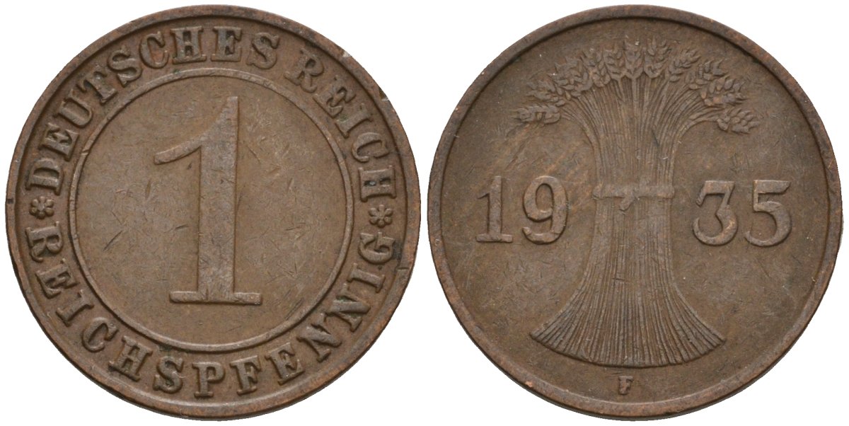 Германия 1 рейхспфенниг 1935 F KM 37, J. 313 бронза 4124-848