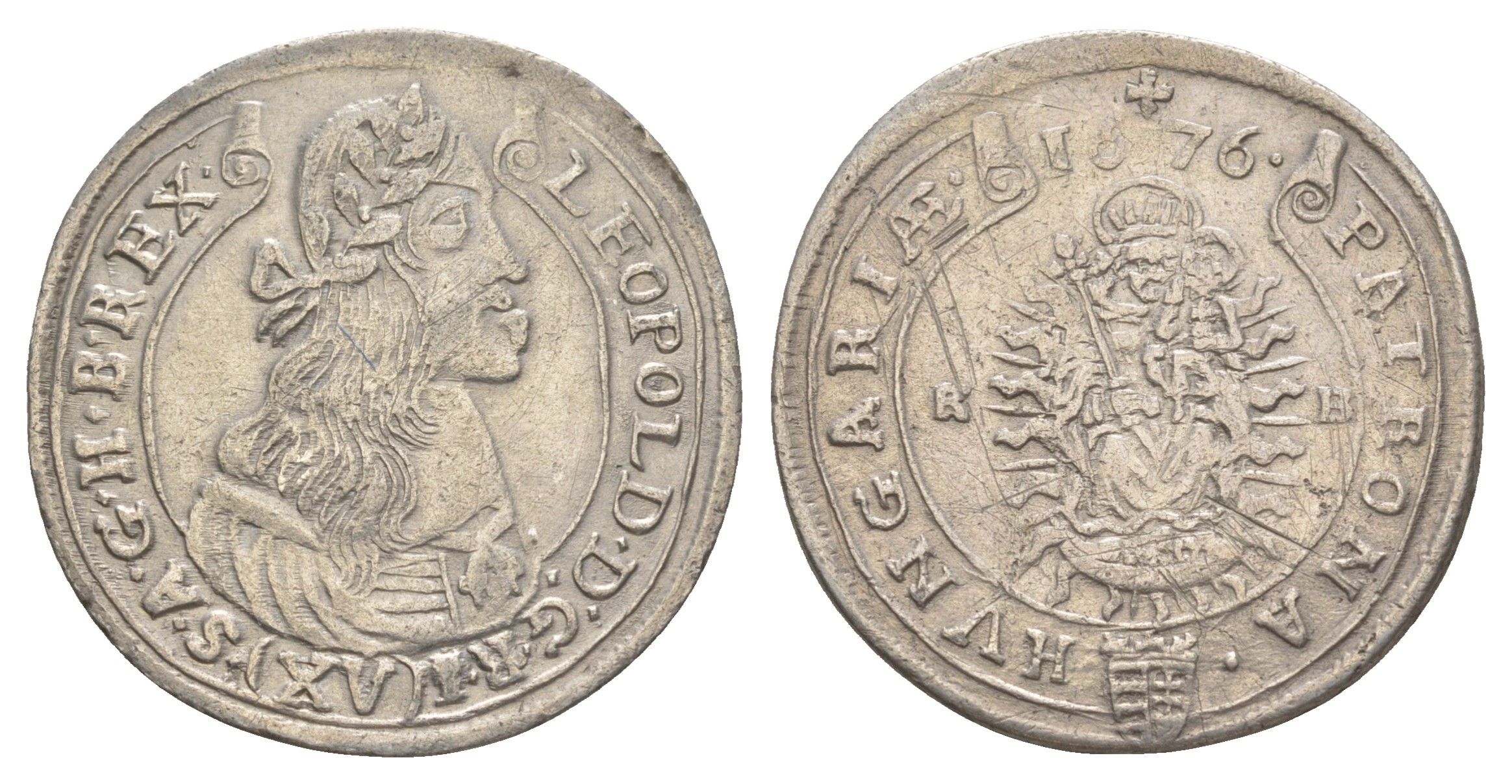 Венгрия 15 крейцеров 1676 KB, Леопольд I (1657-1705) KM 175, EH 1058 серебро 650-724