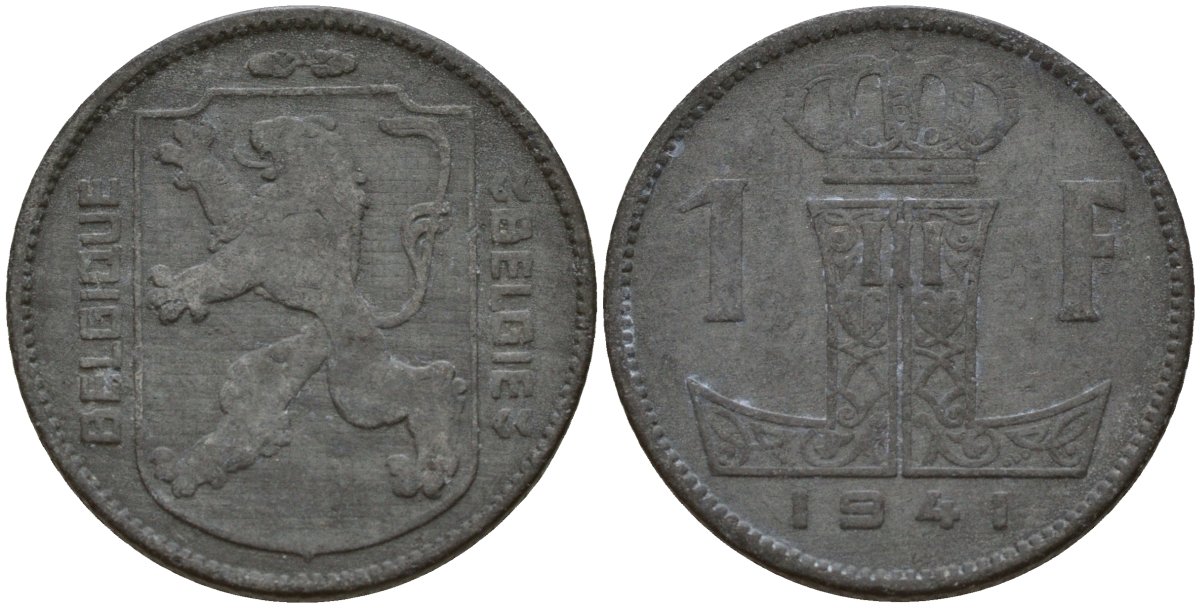 Бельгия 1 франк 1941 Belgique - Belgie, Леопольд III (1934-1947), германская оккупация, Вторая мировая война KM 127 цинк 4161-411