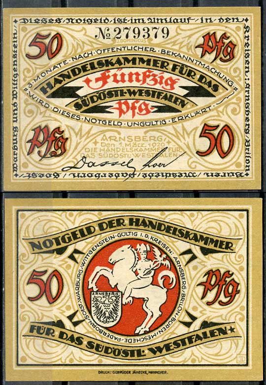 Германия, Арнсберг 50 пфеннигов 1920 нотгельд, 1.7.1919 Tie.0195/02  бумага  UNC (пресс) 444-82-3-2