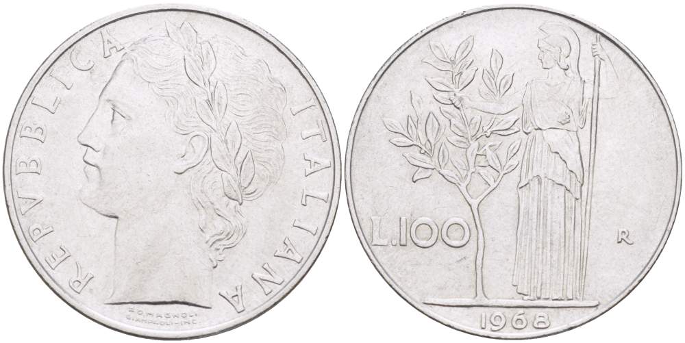 ИТАЛИЯ 100 ЛИР 1968 R, АФИНА KM 96.1 нержавеющая сталь 4526-323