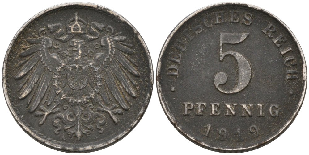 Германия 5 пфеннигов 1919 А KM 19, J.297 железо 4567-1023