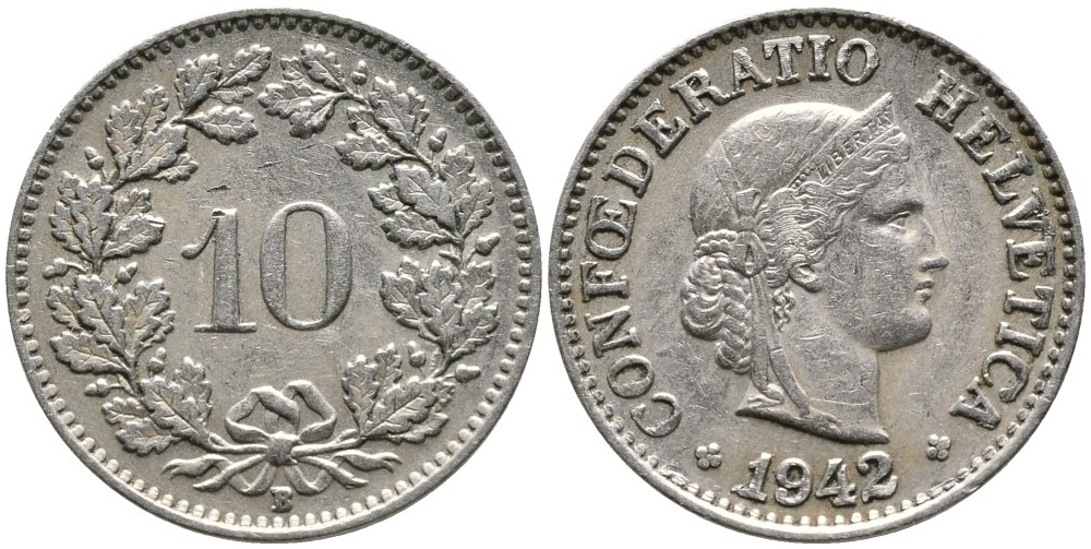 ШВЕЙЦАРИЯ 10 РАППЕНОВ 1942 В KM 27 медно-никель 4539-441
