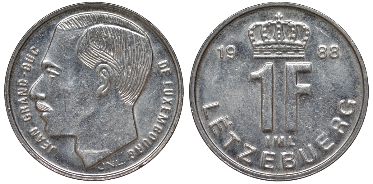 Люксембург 1 франк 1988 малый формат KM 63 сталь плакированная никелем 4532-643