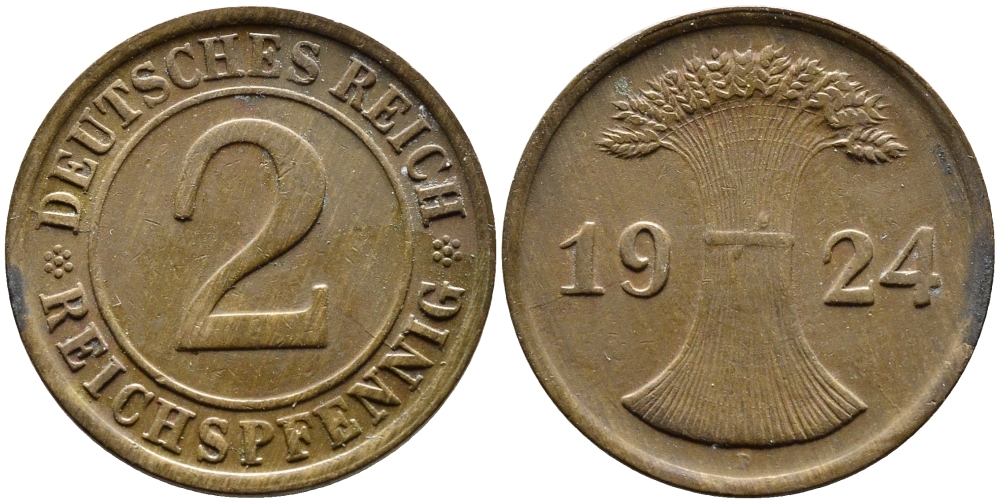 ГЕРМАНИЯ 2 РЕЙХСПФЕННИГА 1924 D KM 38, J. 314 бронза 4387-1139