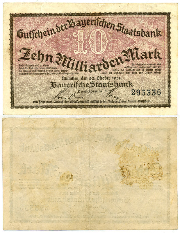 БАВАРИЯ 10000000000 МАРОК 1923 НОТГЕЛЬД, 20 ОКТЯБРЯ 1923 бумага 3295-92-1