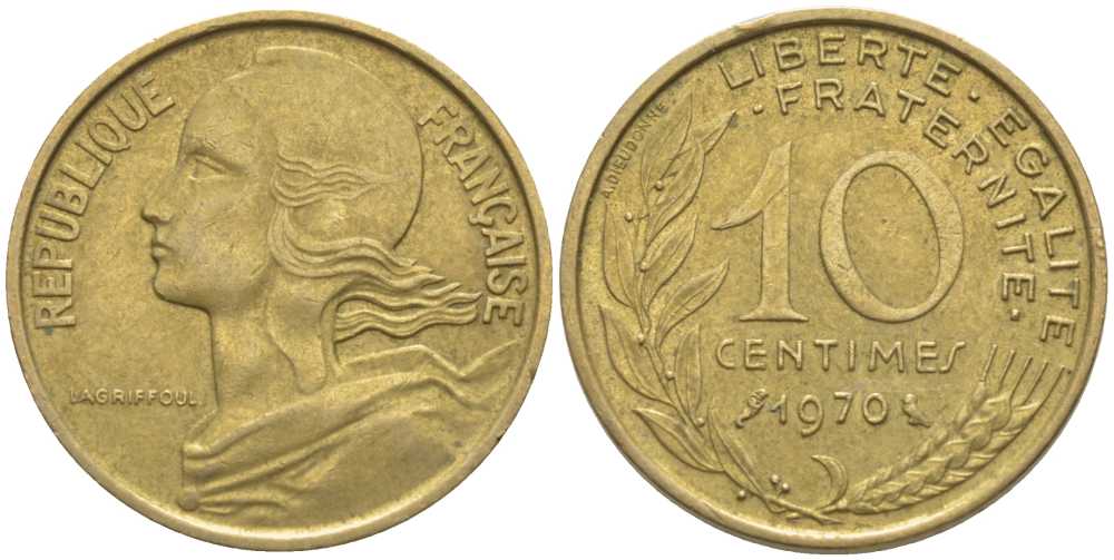 ФРАНЦИЯ 10 САНТИМОВ 1970 ТИП MARIANNE KM 929, LE FRANC 144.10 медь алюминий никель 116-117