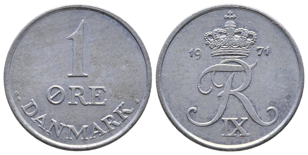 Дания 1 эре 1971 С; S, Фредерик IX (1947-1972) KM 839.2 цинк UNC 220-449