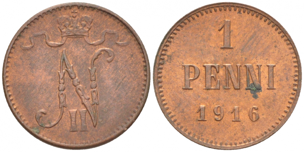 РОССИЯ ДЛЯ ФИНЛЯНДИИ 1 ПЕННИ 1916 НИКОЛАЙ II (1895-1917) KM 13, Биткин 476 медь 211-1022