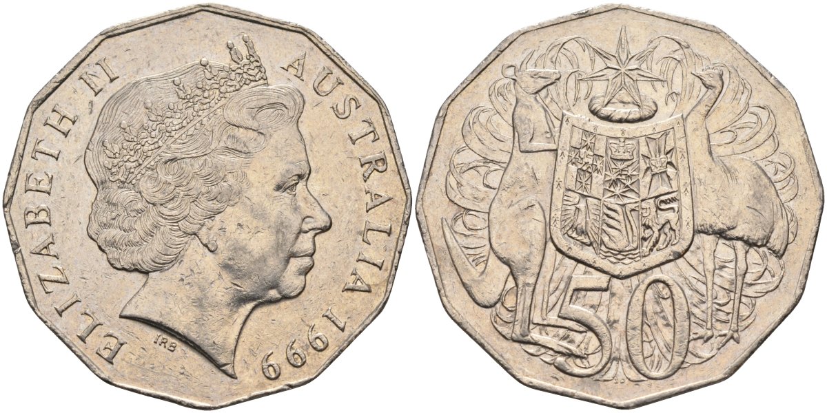 Австралия 50 центов 1999 Елизавета II (1952-2022), герб KM 104 медно-никель 4578-225