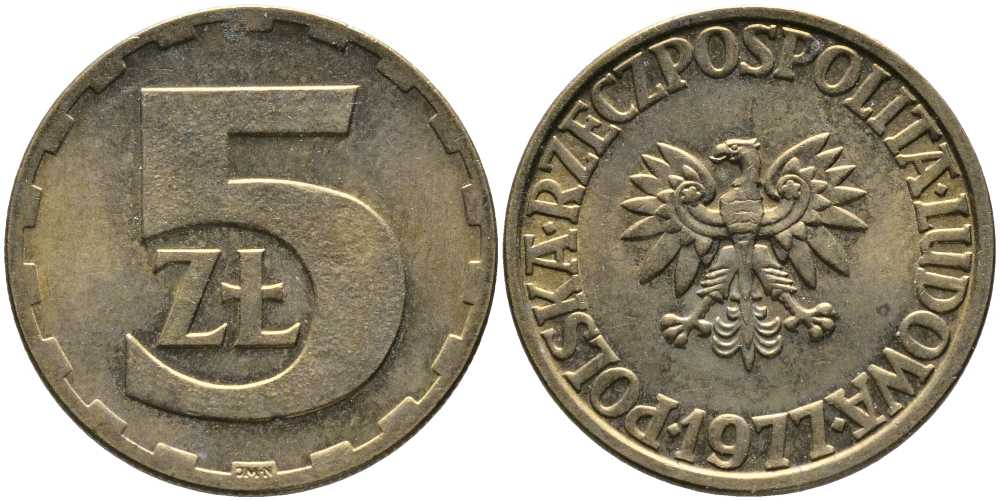 Польша 5 злотых 1977 монетный двор Ленинград (ЛМД) KM 81.1, Parchimowicz 221c латунь 110-844