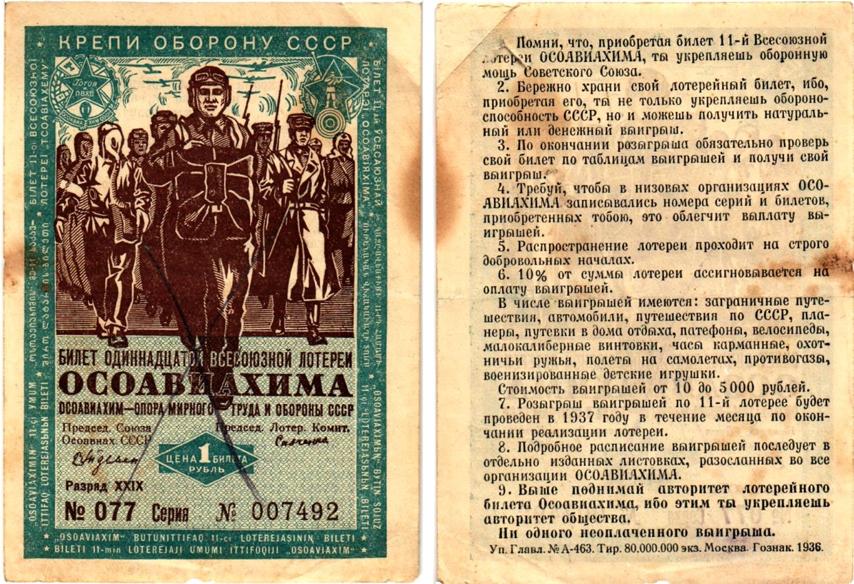 СССР 1 рубль 1936 Одиннадцатая всесоюзная лотерея Осоавиахима 2195-55-1-1