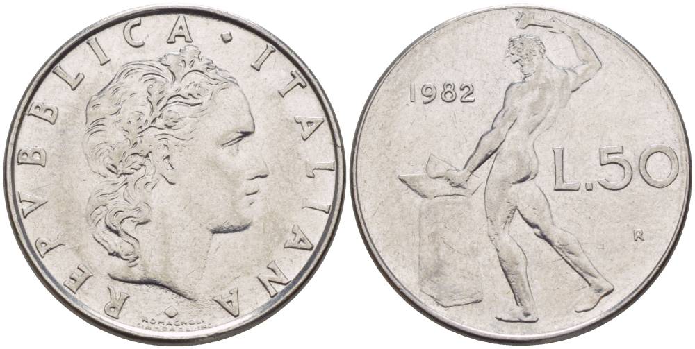 ИТАЛИЯ 50 ЛИР 1982 R, БОГ ОГНЯ ВУЛКАН У НАКОВАЛЬНИ KM 95.1 нержавеющая сталь 4551-412