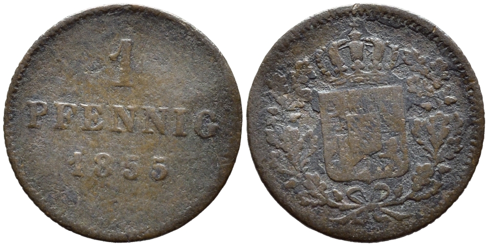 Бавария 1 пфенниг 1855 KM 450 медь 261-1117