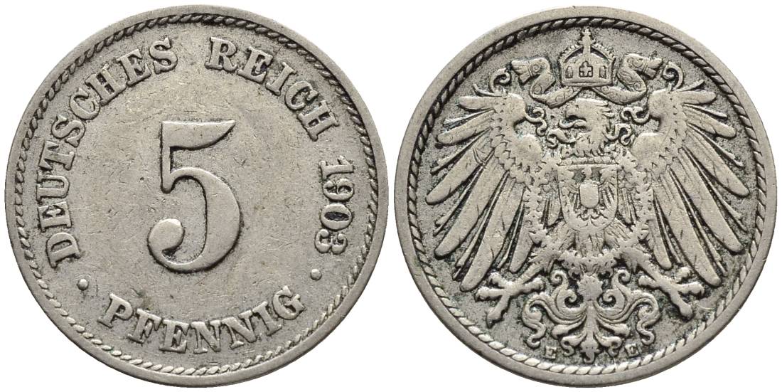 ГЕРМАНИЯ 5 ПФЕННИГОВ 1903 E KM 11, Jager 12, Weege 6 медно-никель 4547-432