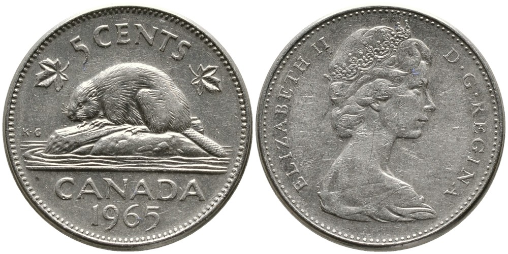 Канада 5 центов 1965 Елизавета II (1952-2022), бобер KM 60.1 никель 4543-637