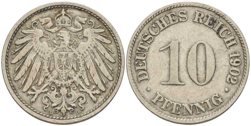 ГЕРМАНИЯ 10 ПФЕННИГОВ 1902 D KM 12, J. 13 медно-никель 4401-1241