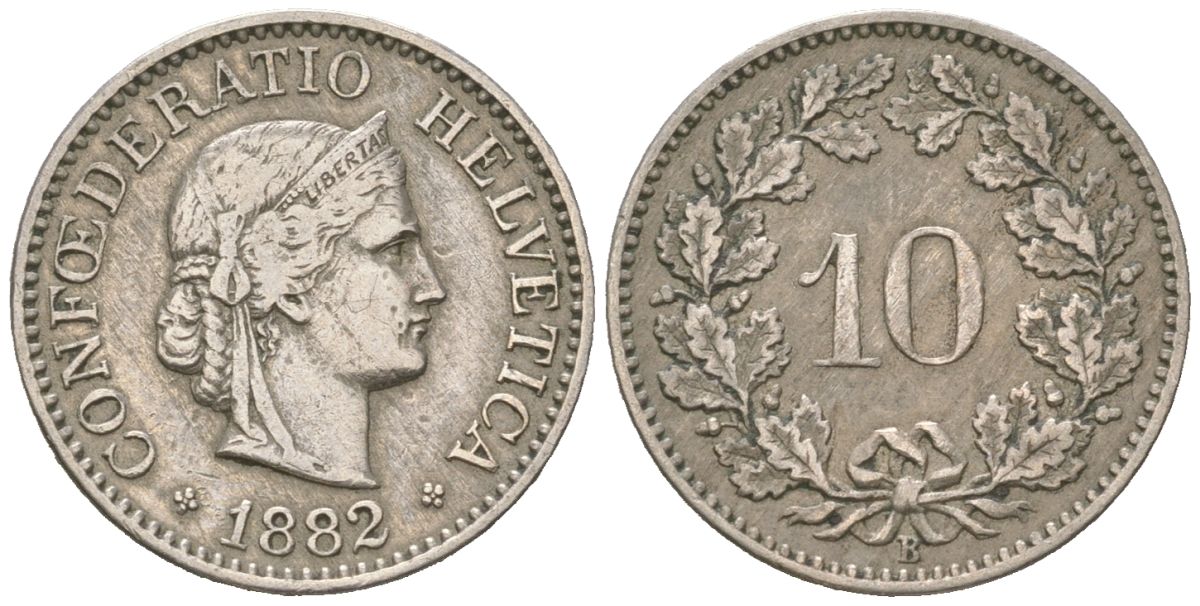 Швейцария 10 раппенов 1882 B KM 27 медно-никель 4164-238
