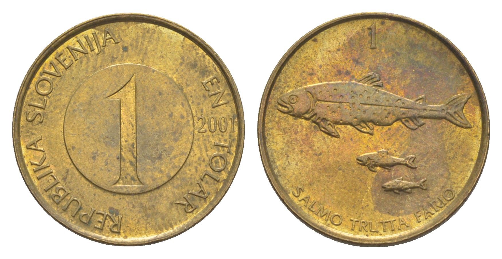 Словения 1 толар 2001 рыбы KM 4 латунь 3996-1248