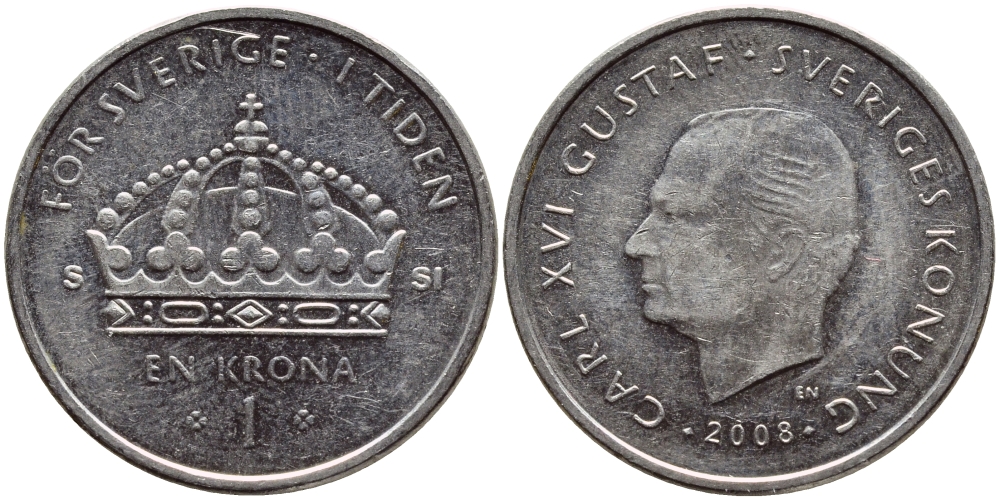 Швеция 1 крона 2008 Карл XVI Густав (1973- ) KM 894 медно-никель 85-1126