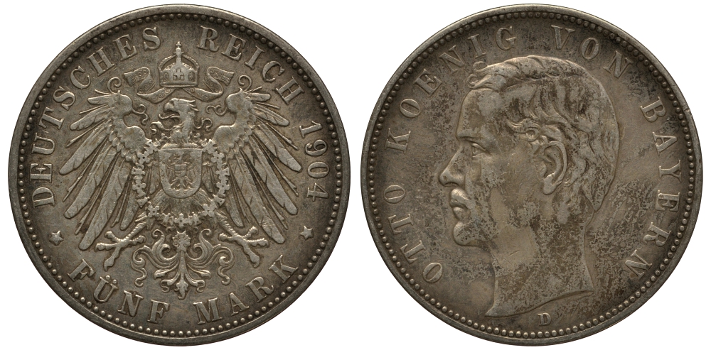 Бавария 5 марок 1904 Отто (1886-1913) Weege 47, J. 46, KM 512 серебро 3711-1521