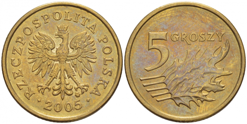 ПОЛЬША 5 ГРОШЕЙ 2005 MW KM 278 латунь UNC 4516-1164