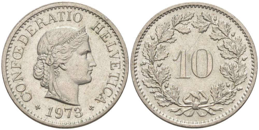 Швейцария 10 раппенов 1973 KM 27 медно-никель 55-447