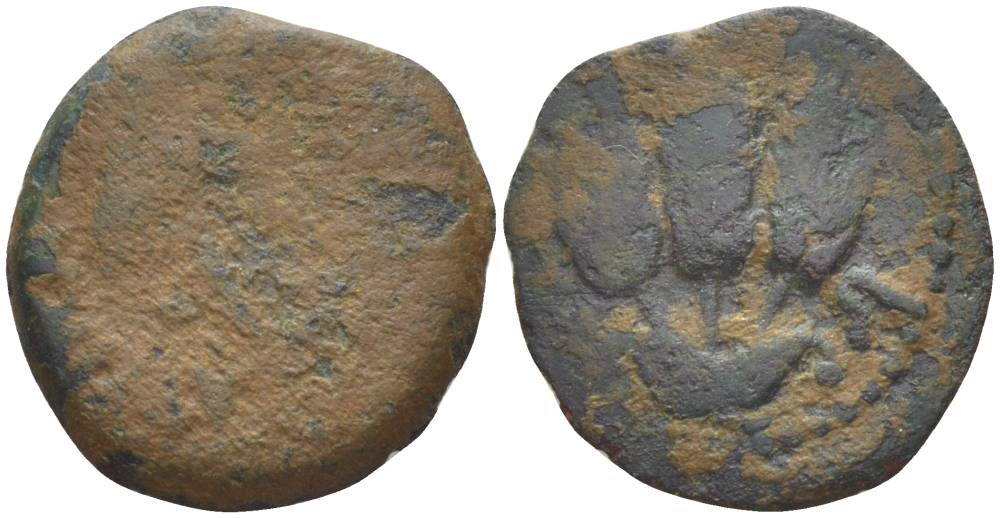 Иудея, династия Ирода прута 41/42 год Агриппа I, греческая легенда 'царь Агриппа', зонт / три хлебных колоса, дата (6-й год правления), Иерусалим Hendin 1244 медь 1073-21-41