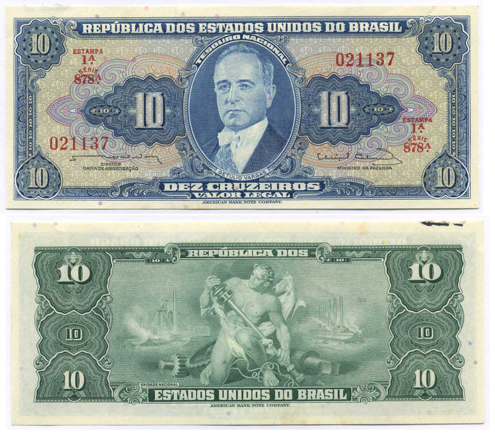 БРАЗИЛИЯ 10 КРУЗЕЙРО 1963 ESTAMPA 1A, СЕРИЯ 878А Pick 167b бумага аUNC 8595-29-2-2