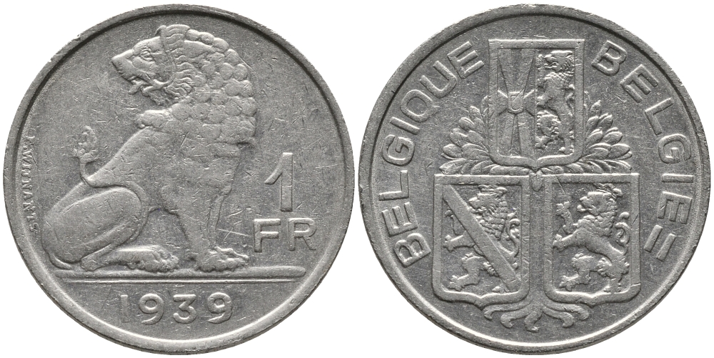 Бельгия 1 франк 1939 Леопольд III (1934-1950), Belgique-Belgie, лев KM 119 никель 4384-527