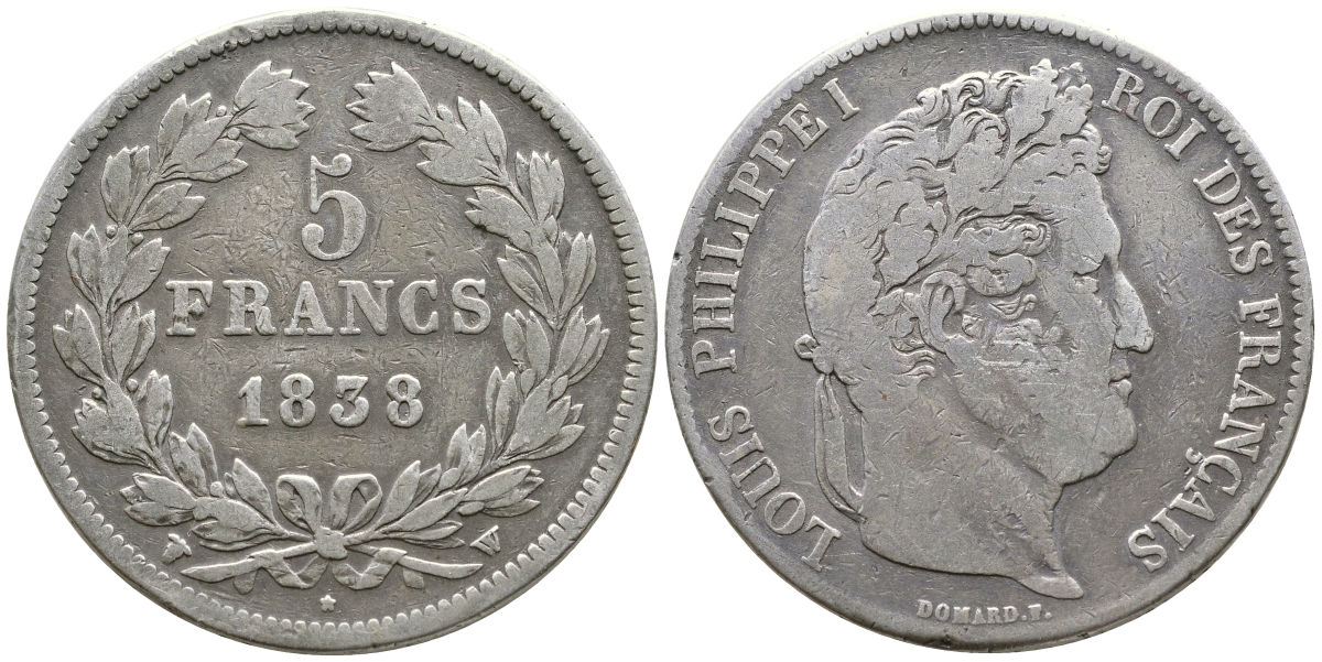 Франция 5 франков 1838 W, Луи Филипп I (1830-1848) KM 749.13 серебро 1066-6-51