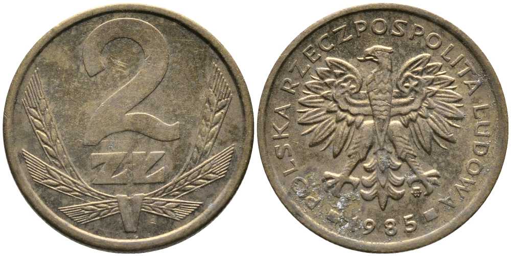 ПОЛЬША 2 ЗЛОТЫХ 1985 MW KM 80.1 латунь 110-855