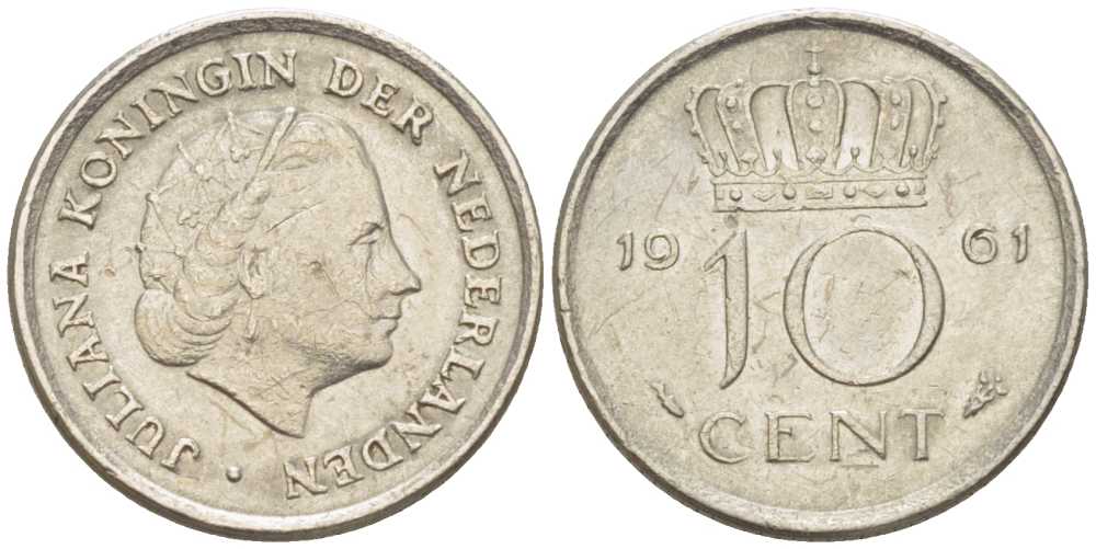 НИДЕРЛАНДЫ 10 ЦЕНТОВ 1961 ЮЛИАНА (1948-1980) KM 182 никель 214-1156
