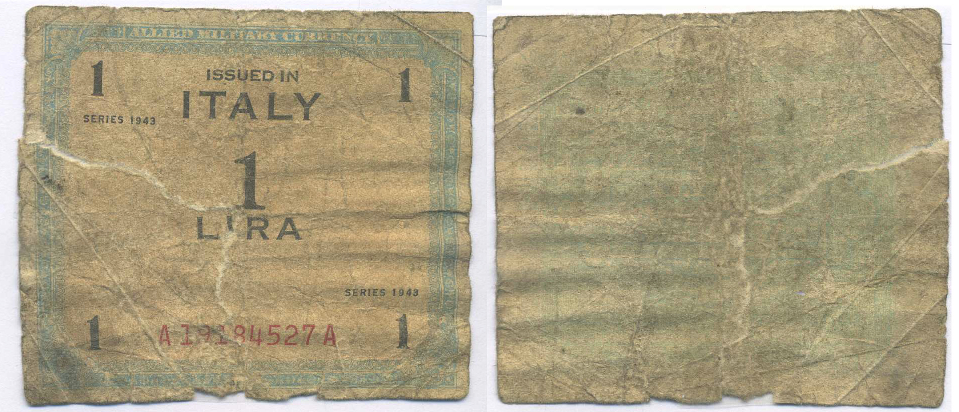 Италия 1 лира 1943 военный выпуск Pick M10b бумага 8564-13-2-1