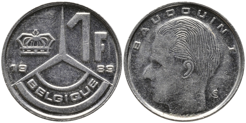 Бельгия 1 франк 1989 Belgique, Бодуэн I (1951-1993) KM 170 железо плакированное никелем 99-1219