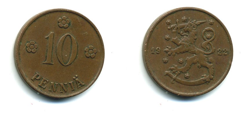 Финляндия 10 пенни 1922 республика (1918-1962) KM 24 медь 46-564