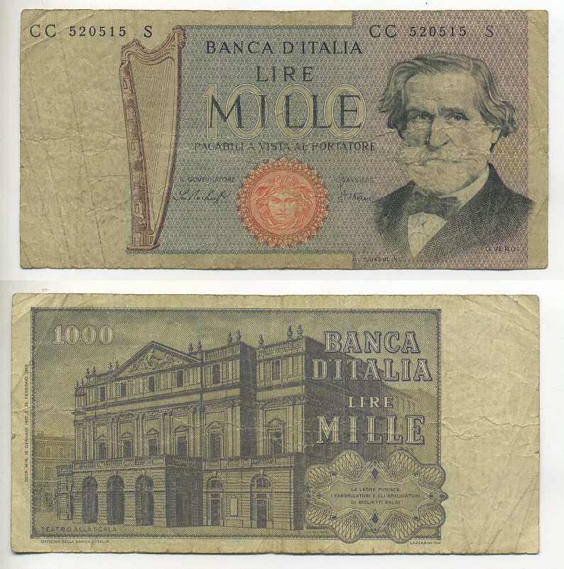 Италия 1000 лир 1969 Джузеппе Верди, Милин Ла Скала Pick 101а бумага 7553-13-3